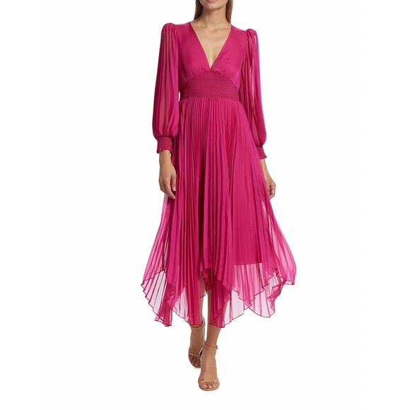 Alice + Olivia Fuchsia Sion Pleated & Smocked Midi Dress - Picture 1 of 11